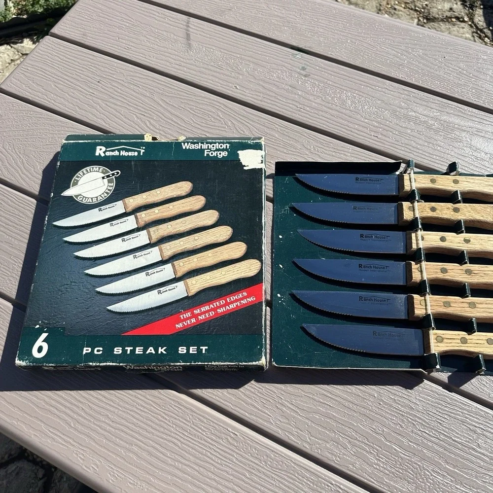 Set of 6 Russel International Steak Knives‎ WA Forge Wood Handle Stainless Steel